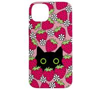 Black Kawaii Cat with Daisies & Strawberries Case for iPhone 14 Plus