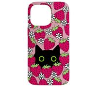 Black Kawaii Cat with Daisies & Strawberries Case for iPhone 14 Pro Max