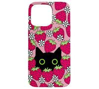 Black Kawaii Cat with Daisies & Strawberries Case for iPhone 15 Pro Max