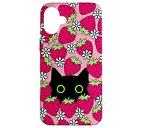 Black Kawaii Cat with Daisies & Strawberries Case for iPhone 16 Plus