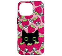 Black Kawaii Cat with Daisies & Strawberries Case for iPhone 16 Pro