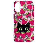 Black Kawaii Cat with Daisies & Strawberries Case for iPhone 17