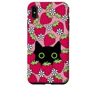 Black Kawaii Cat with Daisies & Strawberries Case for iPhone XS Max
