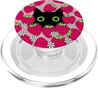 Black Kawaii Cat with Daisies & Strawberries PopSockets PopGrip for MagSafe