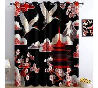 Black Kids Blackout Curtains 66 x 72 Inch, Japanese Style Birds And Flowers Print Light-Blocking Thermal Curtains, Noise-Reducing Easy-Clean Drapes Perfect for Nursery Bedroom Playroom