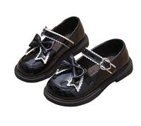 Black Kids Mary Jane Flats School Shoes Heart Buckle Strap Princess Shoes Glossy Upper Bow Decor Soft Cushioned Everyday Wear Footwear Hiking UK Size 11.5