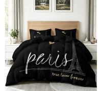 Black King Duvet, 4.5 Tog Down Alternative Comforter Set with 2 Shams, Reversible Modern Elegant Eiffel Tower Hearts Coverless Duvet Microfiber Soft Warm Bed Quilt for All Seasons, 200 X 220 cm