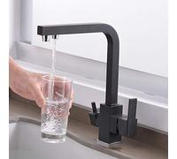 Black Kitchen Faucet with 360° Swivel Dual Handle Drinking Water Filter Tap Deck Mounted Square Mixer with Aerator for 3 Way Sink Use
