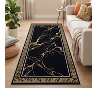 Black Kitchen Runner Rug 80 x 180 cm, Non-Slip Marble Greek Key Carpet | Modern Luxury Border Washable Long Rugs, Soft Low Pile Floor Mat for Hallway Entrance Living Room Bedside Laundry