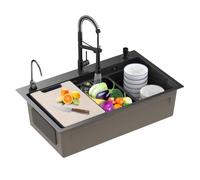 Black Kitchen Sink, 30 inch, Multifunction Waterfall, 3 in 1 Professional Counter top Drop in Single Bowl Kitchen Sink Workstation Stainless Steel Washbasin