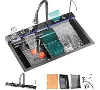 Black Kitchen Sink 304 Stainless Steel Undermount/Drop in Waterfall Single Bowl Kitchen Sink Workstation Sink with Pull-Out Faucet & Accessories (Whale, 80CM)