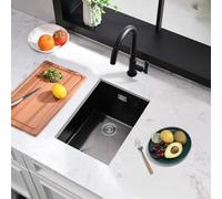 Black Kitchen Sink, 30X40CM Small Sink Stainless Steel Single Bowl, BoomHoze Outdoor Campervan with Overflow, Drainer Fittings, Undermount, Top Mount, Drop in Flushmount Installation, Black