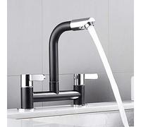 Black Kitchen Sink Mixer Taps Dual Lever Modern Swivel Spout Deck Mounted Basin Brass Tap 1/4 Turn Easy Use 2 Hole Faucet
