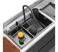 Black Kitchen Sink Waterfall Faucet Stainless Steel Sink with Cup Washer Large Single Bowl Sink All Accessories Included 80x45x22cm