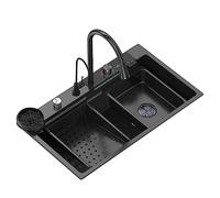 Black Kitchen Sink with Flying Rain Waterfall Faucet Undermount/Drop-in Design Includes Small Basin Drain Kit Glass Rr Cutting Board Soap Dispenser - 68x45CM