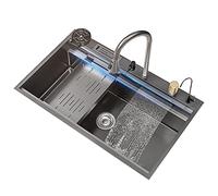 Black Kitchen Sink with Flying Rain Waterfall Faucet, Undermount/Drop-in Design, Includes Small Basin Drain Kit, Glass Rr, Cutting Board & Soap Dispenser