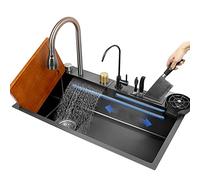 Black Kitchen Sink with Flying Rain Waterfall, Undermount/Drop-in Design, Includes Small Drain Basin, Glass Rr, Cutting Board & Soap Dispenser Kit