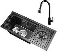 Black Kitchen Sink With Waste Strainer Tap With Pull Out Hidden Undermount Kitchen Sink Stainless Steel With Lid With Cup Washer Large Capacity Suitable For Kitchen Bar Balcony Camp, Square Faucet