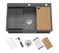 Black Kitchen Sink Workstation, 33x22In Stainless Steel Drop In Single Bowl Built-in Ledge Topmount Workstation Sink For Placing/Sliding Accessory-Cutting Board,Drying Rack,Convenient And Functional