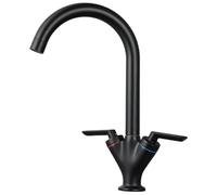 Black Kitchen Taps Hapilife Twin Lever Kitchen Mixer Tap Swivel Spout Modern Swan Dual Lever Kitchen Sink Tap Mixer Matt Black, DT03E