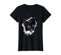 Black Kitten Blue Eyes - Peeking Through Hole Value Graphic T-Shirt, Women, Black, L