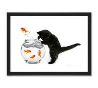 Black Kitten Cat Goldfish Bowl A4 Artwork Framed Wall Art Print Artery8 Black One Size