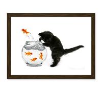 Black Kitten Cat Goldfish Bowl A4 Artwork Framed Wall Art Print Artery8 Brown One Size