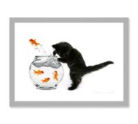 Black Kitten Cat Goldfish Bowl A4 Artwork Framed Wall Art Print Artery8 Light Grey One Size