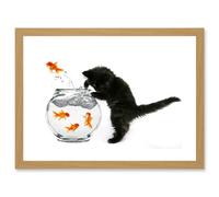 Black Kitten Cat Goldfish Bowl A4 Artwork Framed Wall Art Print Artery8 Light Oak One Size