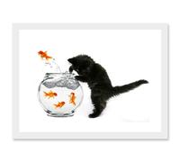 Black Kitten Cat Goldfish Bowl A4 Artwork Framed Wall Art Print Artery8 White One Size