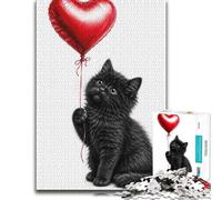 Black Kitten Holding a Heart Balloon Jigsaw Puzzle for Adults, 1000 Pieces | During puzzle time: Jigsaw Puzzle - Christmas gift for puzzle lovers with quiet evening activity.