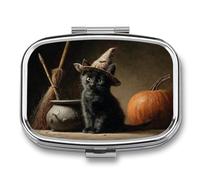 Black Kitten Wearing A Witch Hat Vintage Pill Box 2 Compartment Portable Medicine Pill Case Travel Pill Organizer for Pocket Purse