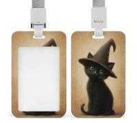 Black Kitten Wearing Witch's Hat Vintage ID Badge Holder Retractable Clip Card Holder Card Protector Name Badge Name Tag for Work Office Doctor Nurse