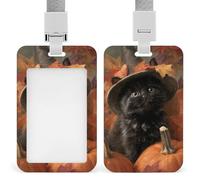 Black Kitten Witch Hat Pumpkin ID Badge Holder Retractable Clip Card Holder Card Protector Name Badge Name Tag for Work Office Doctor Nurse