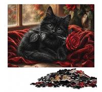 Black Kitten with A Red Rose Colourful Wooden Puzzle for Adults, 500 Pieces | For gifting: Adult Jigsaw Puzzle: thoughtful Christmas gift for adults, activity for family time.