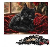 Black Kitten with A Red Rose Wooden Jigsaw Puzzle for Adults | For adults: Jigsaw Puzzle Gift - present for puzzle enthusiasts with solo or shared puzzle time.