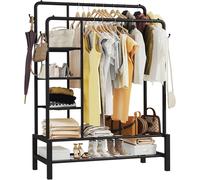 (Black) KLASS Heavy Duty Clothes Rail, Sturdy 120KG Black Metal Rack With Double Hanging Clothing Shoe Rack, Storage Shelves & 4 Coat Hooks