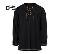 (black, L) Men's Vintage Lace-Up T-Shirt Long Sleeve Henry Collar Top Spring Autumn Solid Color Tee Shirt for Daily Wear Performances Cosplay