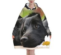Black Labrador Chamomile Black Retriever Dogs,Women's Oversized Wearable Blanket Hoodie, Blanket Sweatshirt,Flannel Pullover Blanket