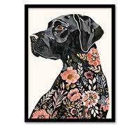 Black Labrador Dog Lover Floral Watercolour Framed Wall Art Artery8 Black W12 inch x H16 inch