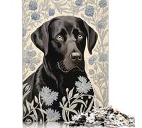 Black Labrador in Floral Pattern Puzzle DIY Game Paper Rectangular Jigsaw Puzzle for Boy Or Girl Birthday Present 500pcs (52x38cm)