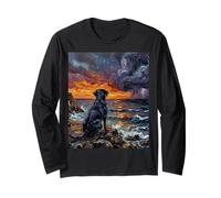 Black Labrador Ocean Storm at Sunset Dog in Landscape Art Long Sleeve T-Shirt