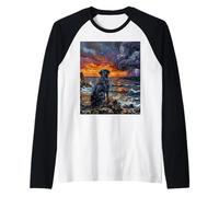 Black Labrador Ocean Storm at Sunset Dog in Landscape Art Raglan Baseball Tee