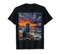 Black Labrador Ocean Storm at Sunset Dog in Landscape Art T-Shirt