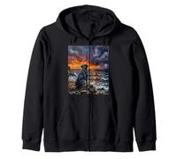 Black Labrador Ocean Storm at Sunset Dog in Landscape Art Zip Hoodie