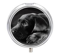 Black Labrador Puppy Metal Pill Organizer, 3 Compartment Waterproof Pill Case with Mirror for Purse Pocket Bag, Daily Medicine Vitamin Holder, Portable Travel Med Container(Round)