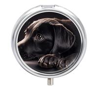 Black Labrador Puppy Pill Box - 3 Compartment Travel Pill Organizer with Small Mirror, Portable Pillcase for Pocket & Purse, Cute Round Medicine Case, Weekly Medicine Container
