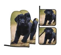 Black Labrador Puppy Printing Oven Mitts and Pot Holders Sets - Heat-Resistant, Waterproof, and Durable Kitchen Baking Four-Piece Set