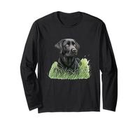 Black Labrador Retriever Sitting Green Grass Nature Art Long Sleeve T-Shirt