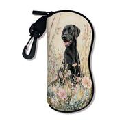 Black Labrador Soft Glasses Case, Floral Design Animal Art Neoprene Eyeglass Sleeves With Zipper Hook, Cute Reading Glasses, Black, 3x7 Inch